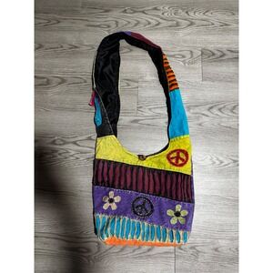 Vintage Y2K Boho Patchwork Peace Sign Flower Crossbody Bag Hippie Festival Purse